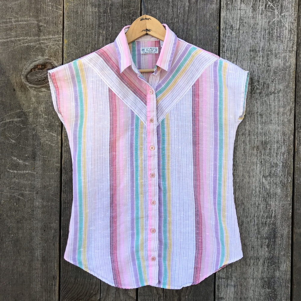 Vintage 80s Pastel Stripe Cap Sleeve Blouse H.I.S. Small